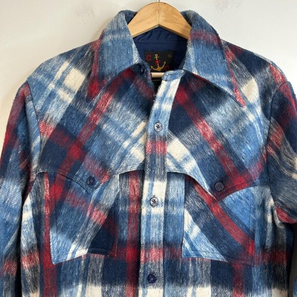Vintage CPO Jacket Mens Large Blue Red Plaid Wool Blend Lined Shirt Jacket 90s - Picture 2 of 8